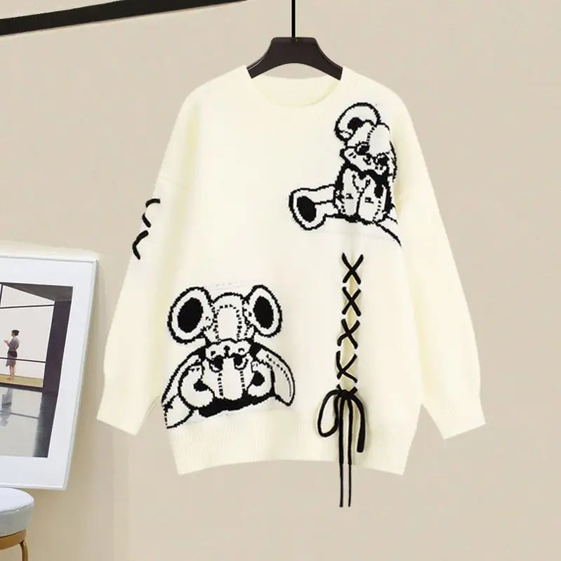 Autumn/Winter New in Matching Set Women's Loose O-Neck Knit Sweater Wide Leg Pants Two Piece Korean Elegant Tracksuit Suit Beign Sweater