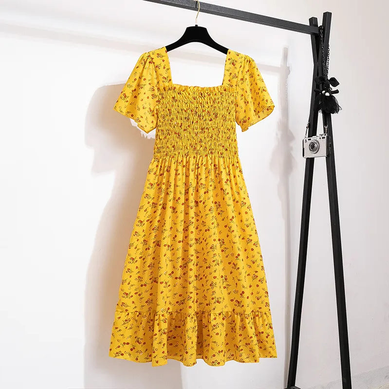 Spring Summer Chiffon Women Dresses Female Short Sleeve Elastic Waist Printed Floral Midi Dress Pleated Backless Casual Dress Yellow One Size