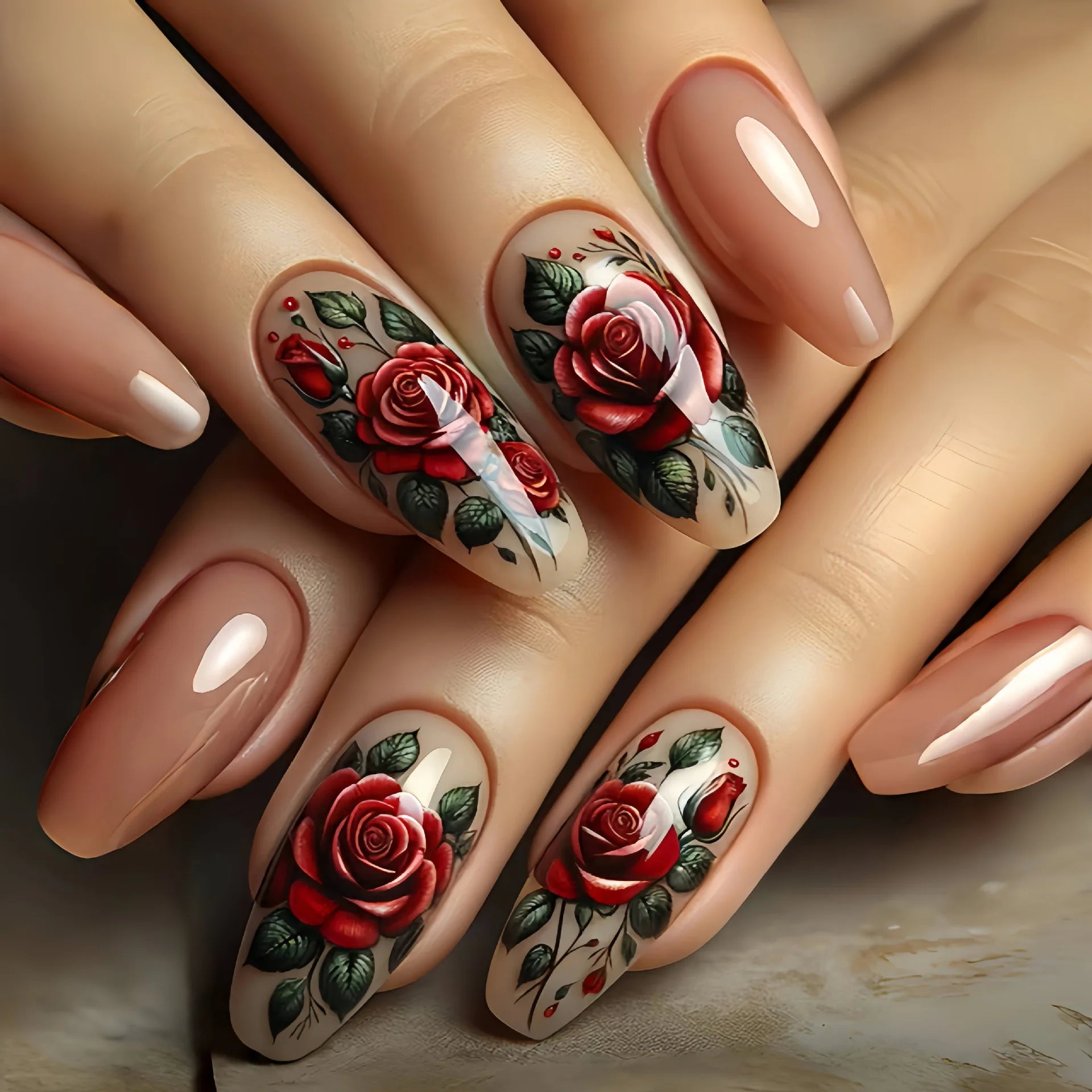 24pcs/set medium long fake nails beautiful rose flowers heart for Valentine's Day Wedding party faux ongles press on false nail