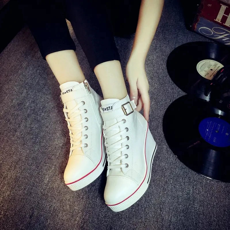 High Top Canvas Women Wedge Shoes Women's Denim Ankle Lace Up Ladies Ankle Canvas Shoes Woman 8cm Heels Sneakers