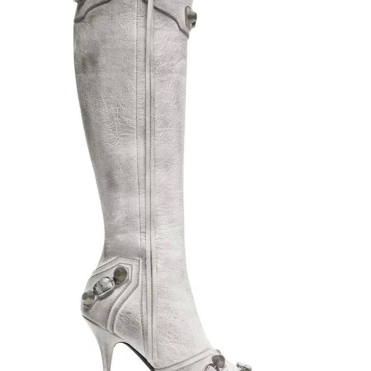 Paris Station Fashion Women's Boots Denim Pointed High Heel Boots Sexy Rivet Boots Show Party Over Knee 46 Large Boots grey