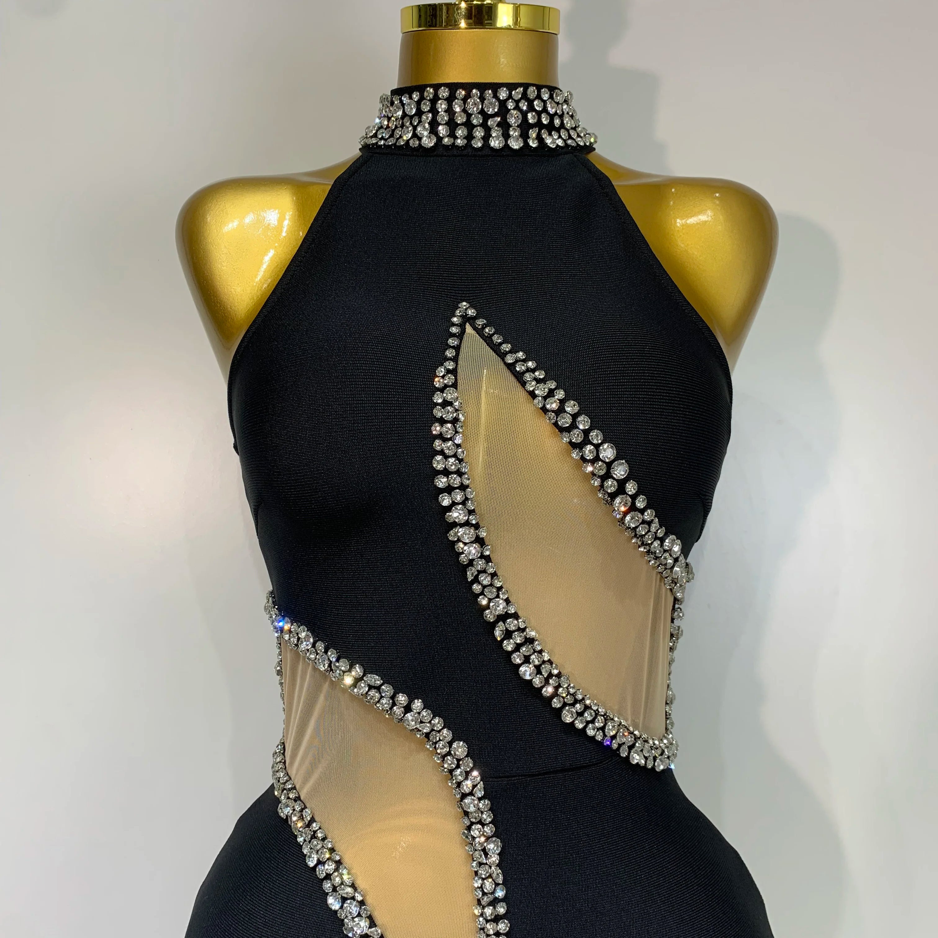 Women Sexy Rhinestone Black Sleeveless Mesh Patchwork New Arrival Stretch Bodycon Bandage Party Dresses Elegant Birthday Dress