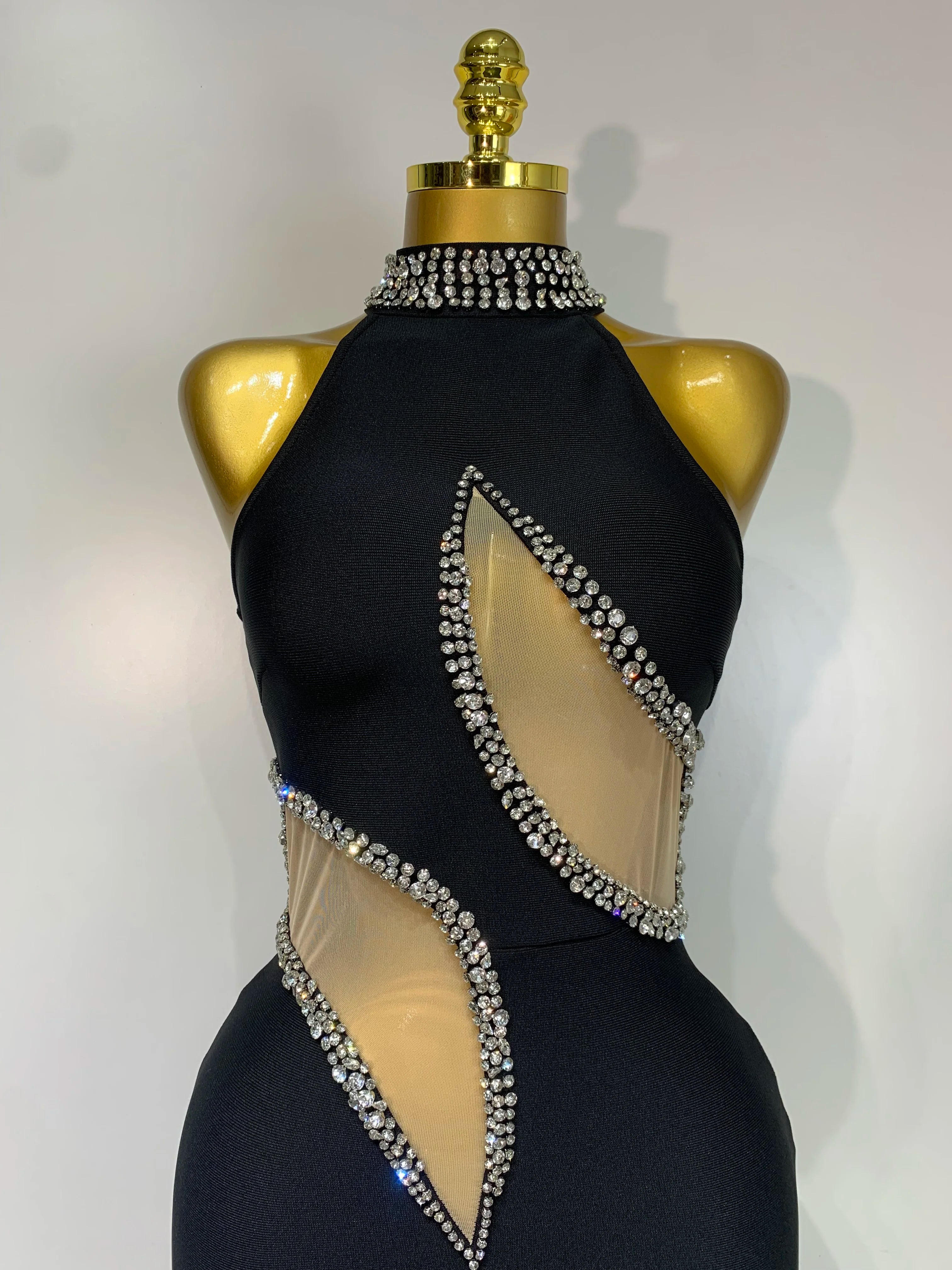 Women Sexy Rhinestone Black Sleeveless Mesh Patchwork New Arrival Stretch Bodycon Bandage Party Dresses Elegant Birthday Dress