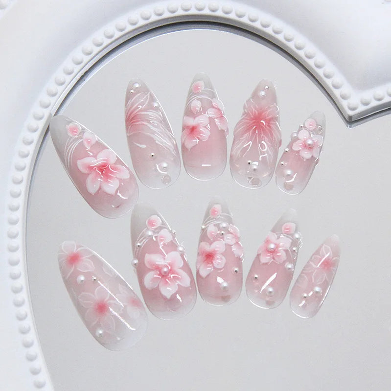 24pcs Pink Flower Press on Nails Ins Sweet Petals Print False Nails for Girl Wearable Reusable Fashion Almond Fake Nail Tips