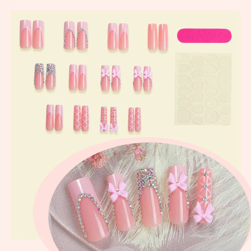 24Pcs Glamorous Long Ballerina False Nails Shimmering French Tips with 3D Pink Bow&Strap Details for Female Party Occasions Wear