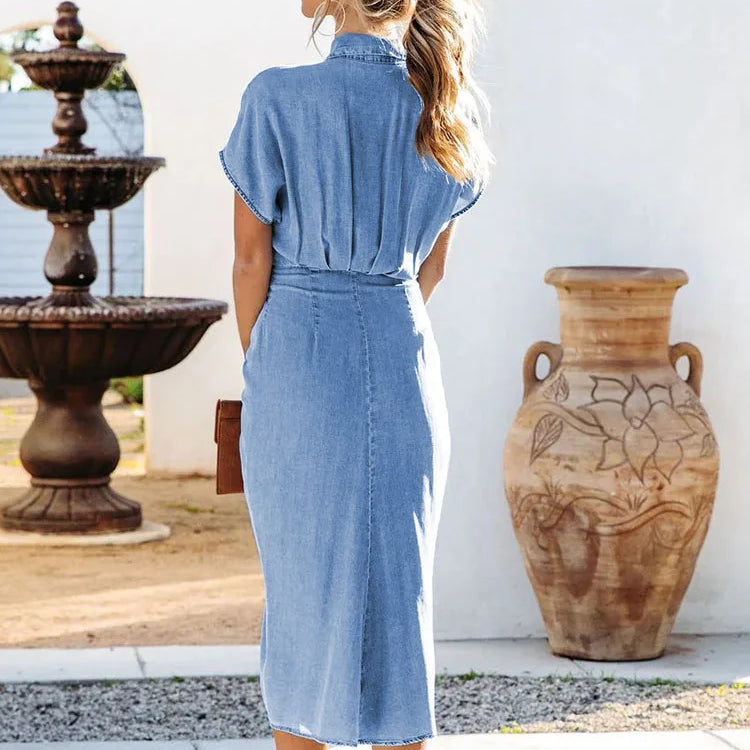 Summer For Women's Denim Blue Shirt Dress Vintage Fashion Button Lapel Wrinkle Lace Up Slim Elegant Female Denim Mid Long Dress