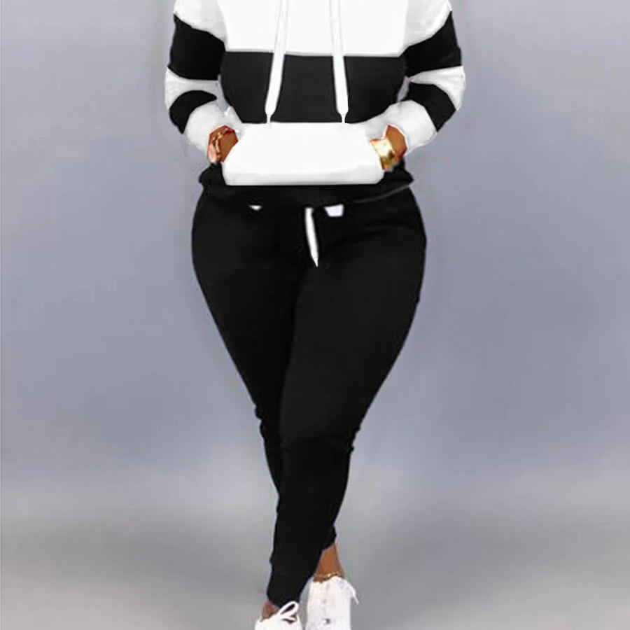 LW Plus Size Sporty Hooded Collar Striped Tracksuit Set Black White Patchwork Kangaroo Pocket Design Tracksuit Sportswear Set
