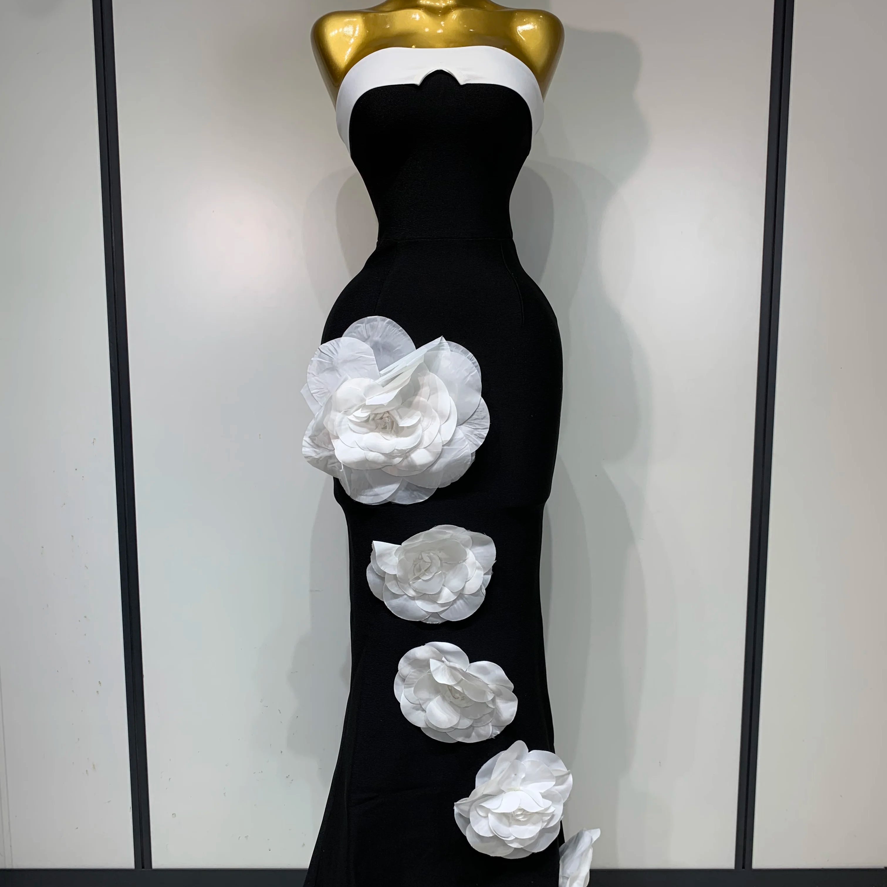 Women Sexy Strapless Backless Flower Maxi Long Bandage Dress 2025 Knitted Celebrity Elegant Evening Club Party Birthday Dresses