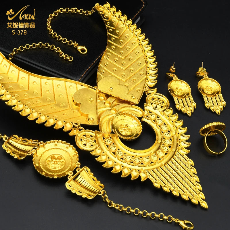 Indian Big Plated Gold Jewelry Women Necklace Sets Dubai African Party Bridal Wedding Gifts Arabic Necklace Jewelry Sets