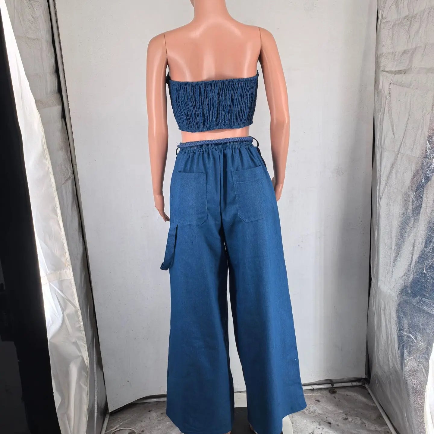 CM.YAYA Fashion Denim Women's Set Strapless Crop Top and Wide Leg Jeans Pants Suit 2024 Street Two 2 Piece Sets Outfit Tracksuit