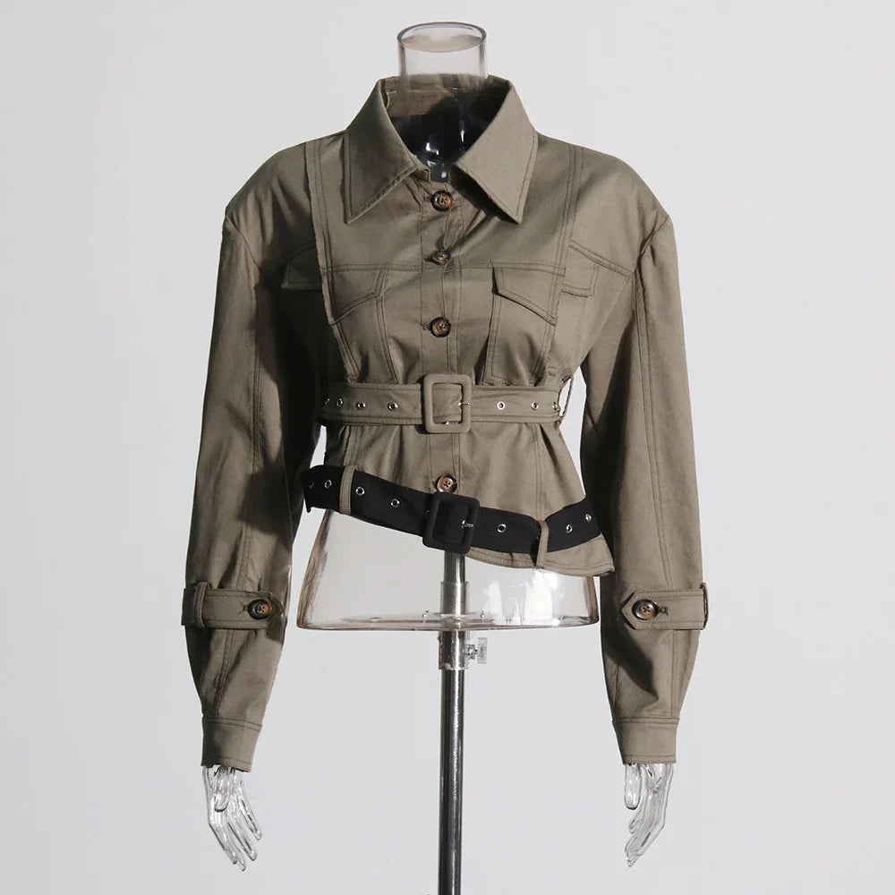 Solid Patchwork Button Two Piece Set For Women Lapel Long Sleeve Coat High Waist Irregular Skirt Chic Sets Female