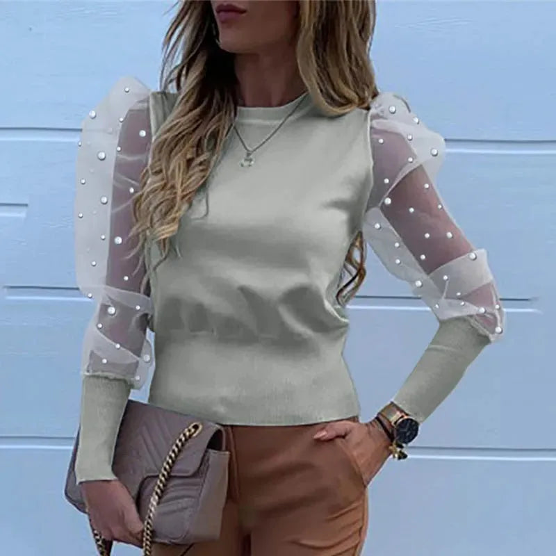 Lady Embroidery Lantern Sheer Mesh Sleeve Blouse shirts Women Autumn Polka Dot Print Blusa pullovers Elegant see through tops