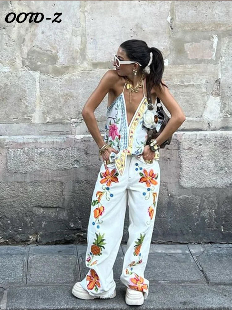 Beach Print Tank Top Pants Sets Women Fashion Halter Backless Sleeveless Vest Wide Leg Zipper Pants 2 Pieces Set Female 2024