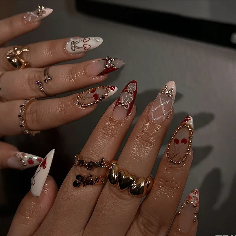 24 peças unhas postiças de amêndoa rosa doce com laço de pérola adesivos para unhas vestíveis com borda branca francesa removível pontas de unhas de acrílico artísticas