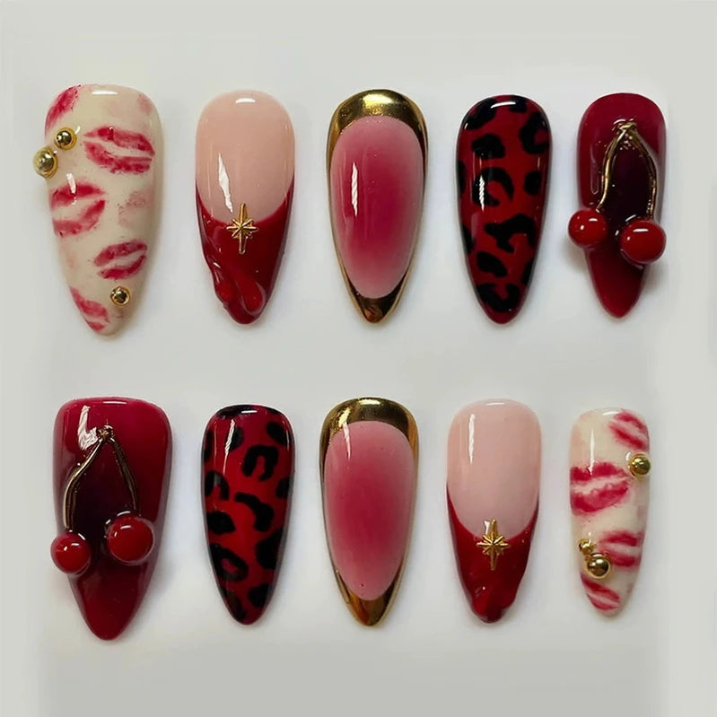 24Pcs Wine Red Almond Bow Heart Designs Press on Nails Glitter Cat Eye Diamond Nail Patch Wearable Elegant Full Cover Nail Tips