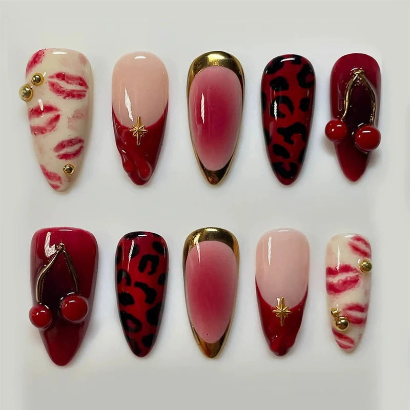 24Pcs Wine Red Almond Bow Heart Designs Press on Nails Glitter Cat Eye Diamond Nail Patch Wearable Elegant Full Cover Nail Tips