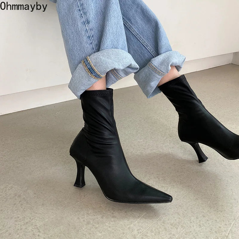 Black Women Ankle Boots Woman Thin High Heel Fashion Pointed Toe Zipper Winter Women's Shoes Leather White Short Booties