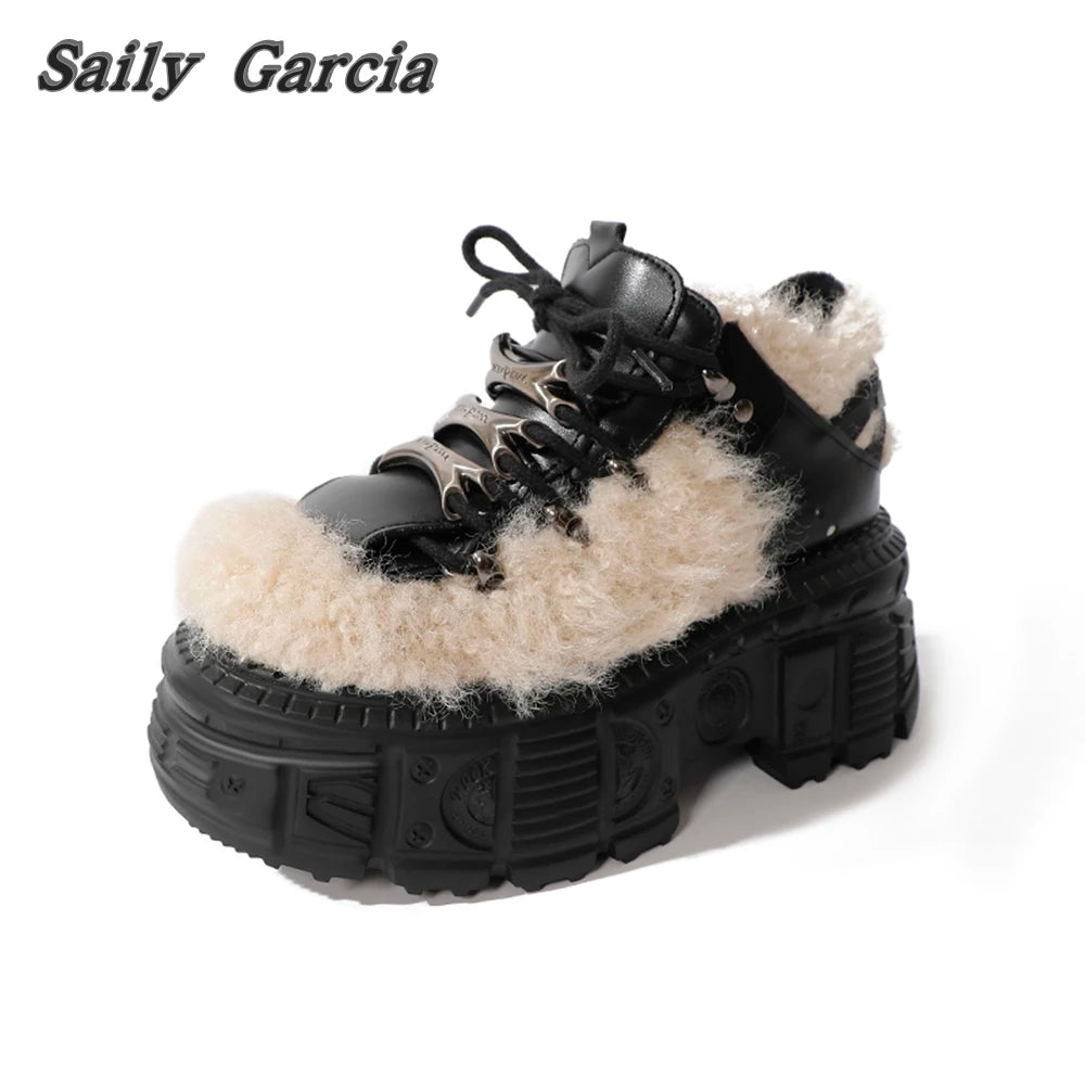 Short Plush Rock Punk Style WaterProof Platform Ankle Boots Winter New Metal Lace Up Women Shoes Round Toe Sculpted Sole Boots