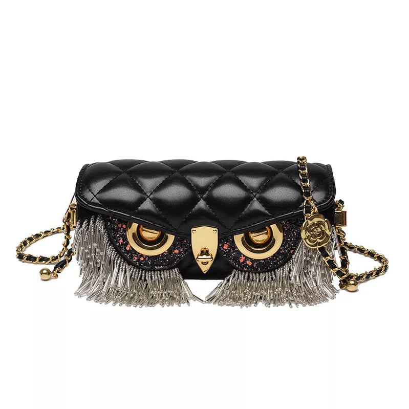 Women's Bag Fashion Owl Purses and Handbags Chain One Shoulder Messenger Bag Luxury Designer Tassel Bags for Women black 20X9X7cm