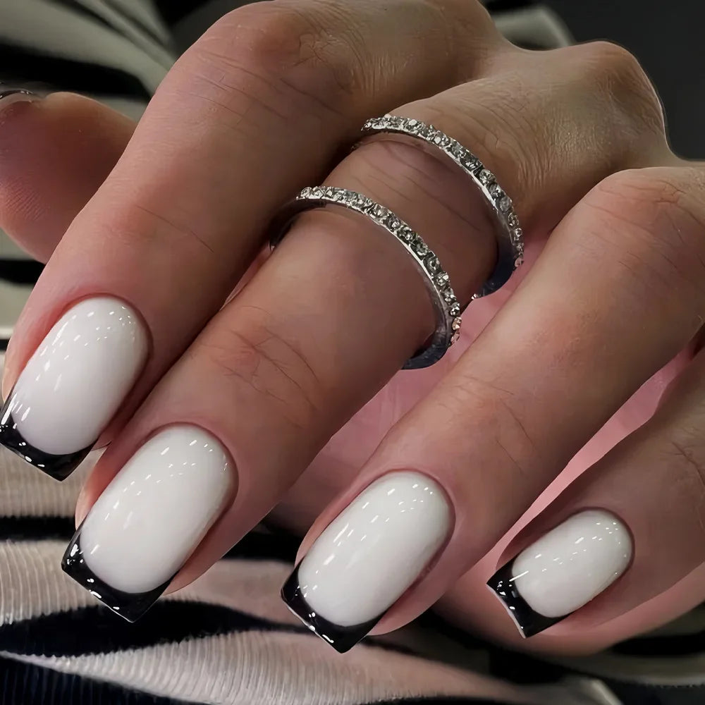 24Pcs White Fake Nails with Black/Red French Tips Medium-length Square Press On Nails Minimalist Acrylic Stick-on Nails Art