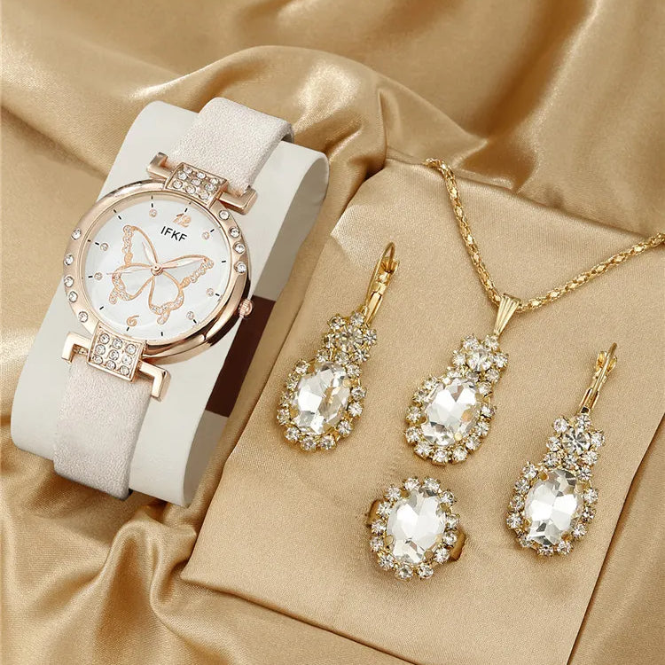 New Korean Fashion Simple Belt Quartz Watch Women's Edition+Jewelry Three Piece Set khaki