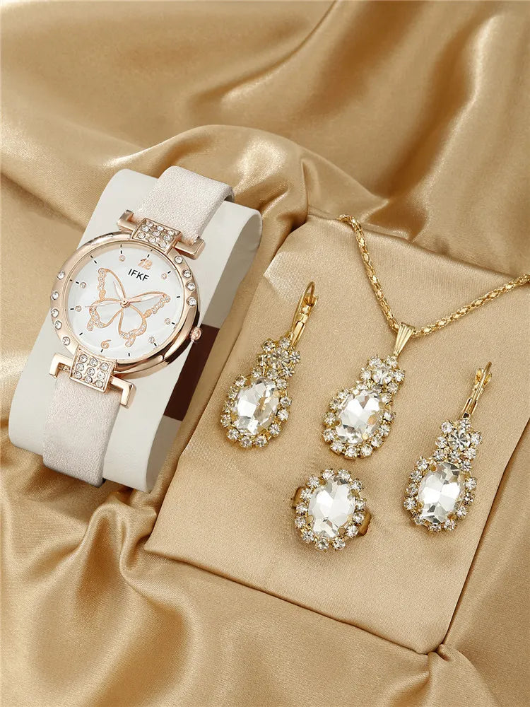 New Korean Fashion Simple Belt Quartz Watch Women's Edition+Jewelry Three Piece Set khaki