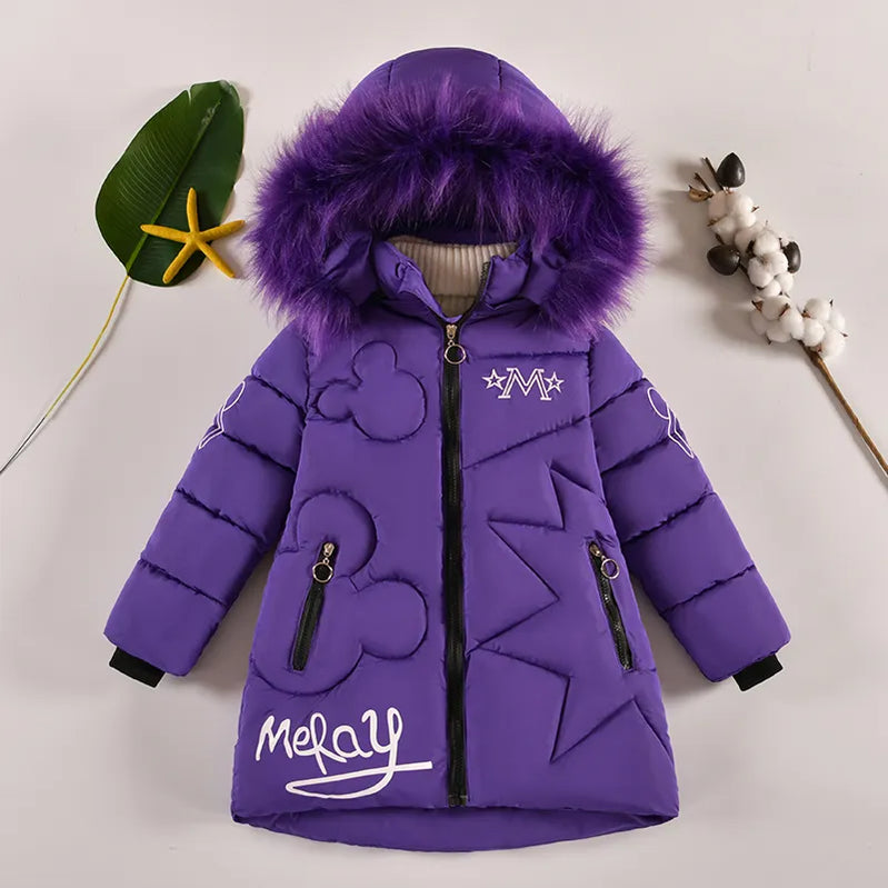 Big Size Teenager Winter Keep Warm Girls Jacket Letter Long Style Hooded Windbreaker Coat For Kids Children Christmas Outerwear JK137-Purple