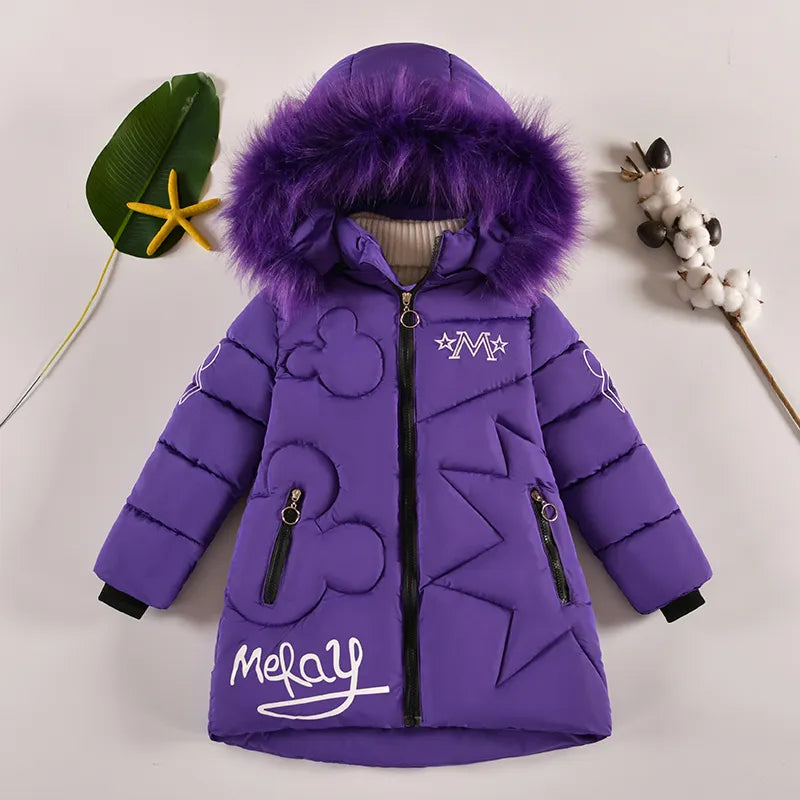 Big Size Teenager Winter Keep Warm Girls Jacket Letter Long Style Hooded Windbreaker Coat For Kids Children Christmas Outerwear JK137-Purple