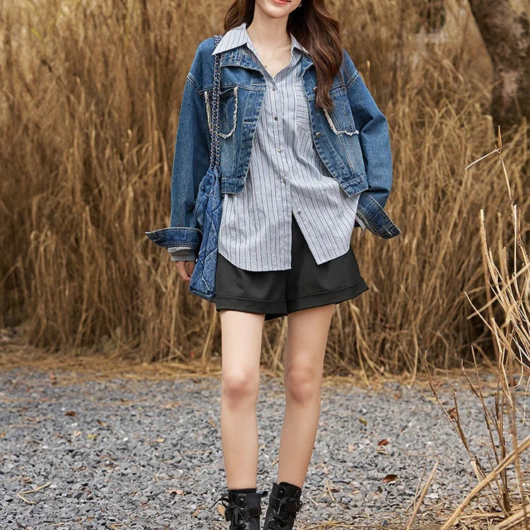 Women's Denim Coat with Raw Edge Autumn Korean Loose Pocket Embroidery Polo Neck Streetwear Casual Jacket