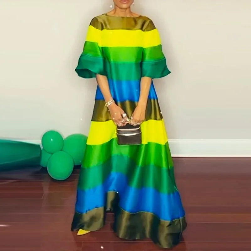 Luxury Rainbow Striped Women Evening Dress Sexy Elegant Loose Short Sleeve Maxi Dress Women Backless O-neck Bohe Dresses 02 Green