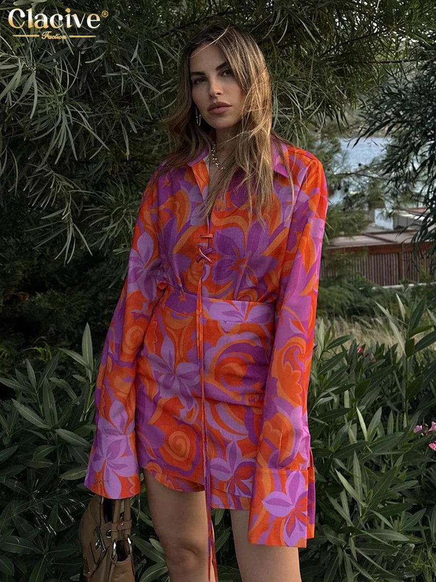 Clacive Fashion Loose Print 2 Piece Sets Women Outfit Elegant Long Sleeve Shirt With High Waist Mini Skirts Set Streetwear