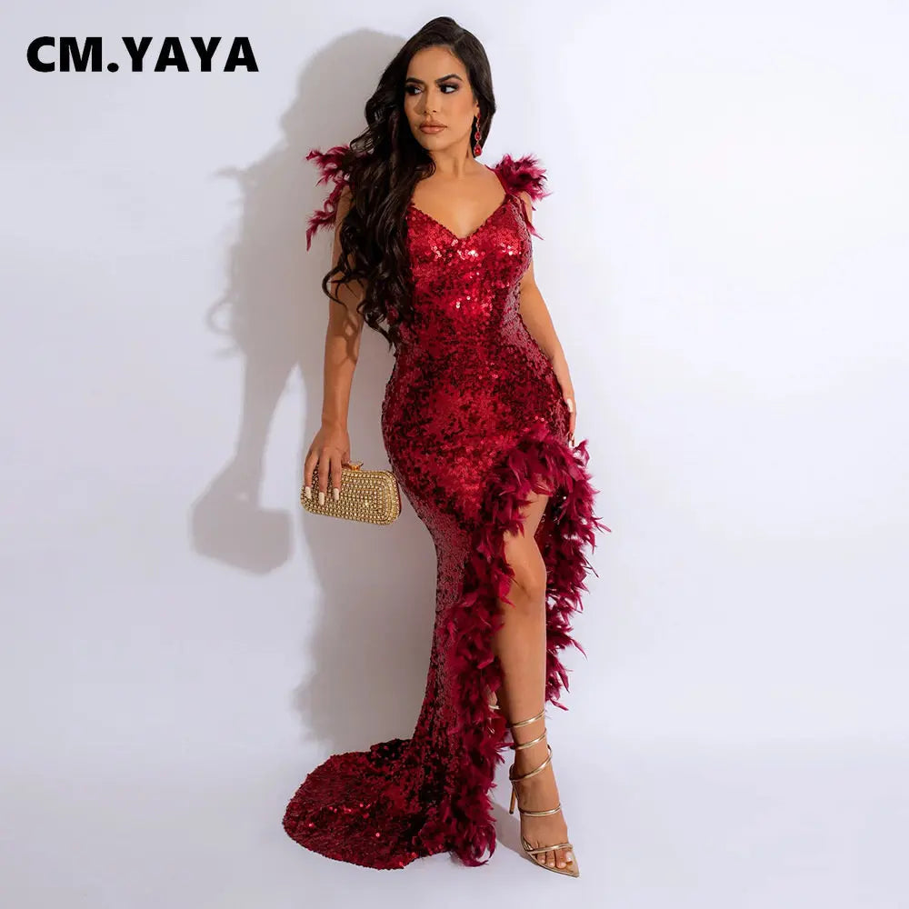 CM.YAYA Women Sequined Spaghetti Strap Feather Hem High Side Slit Mermaid Trumpet Bodycon Midi Evening Sexy Party Maxi Dresses