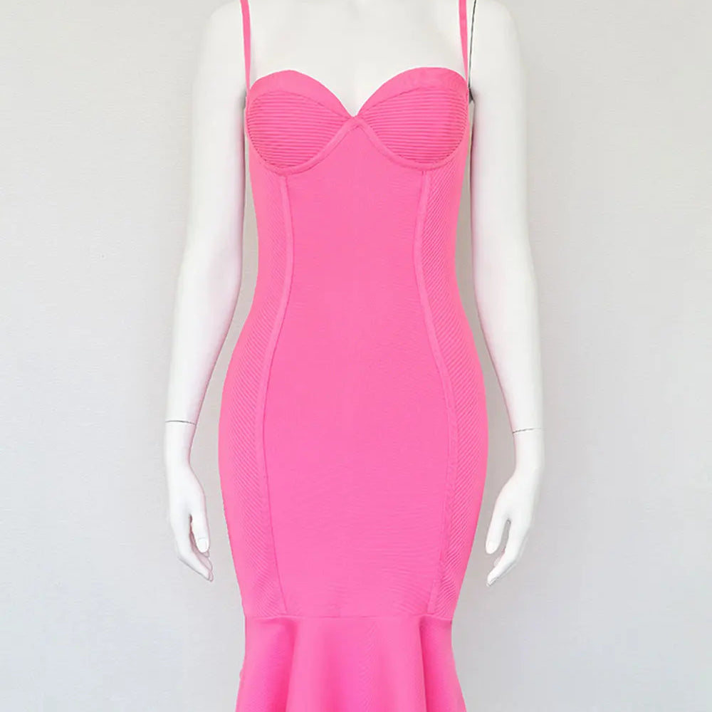 2025 Spring Sexy Women Ruffle Design Bandage Dress Spaghetti Strap Sleeveless Bodycon Backless Midi Dress Evening Party Vestidos