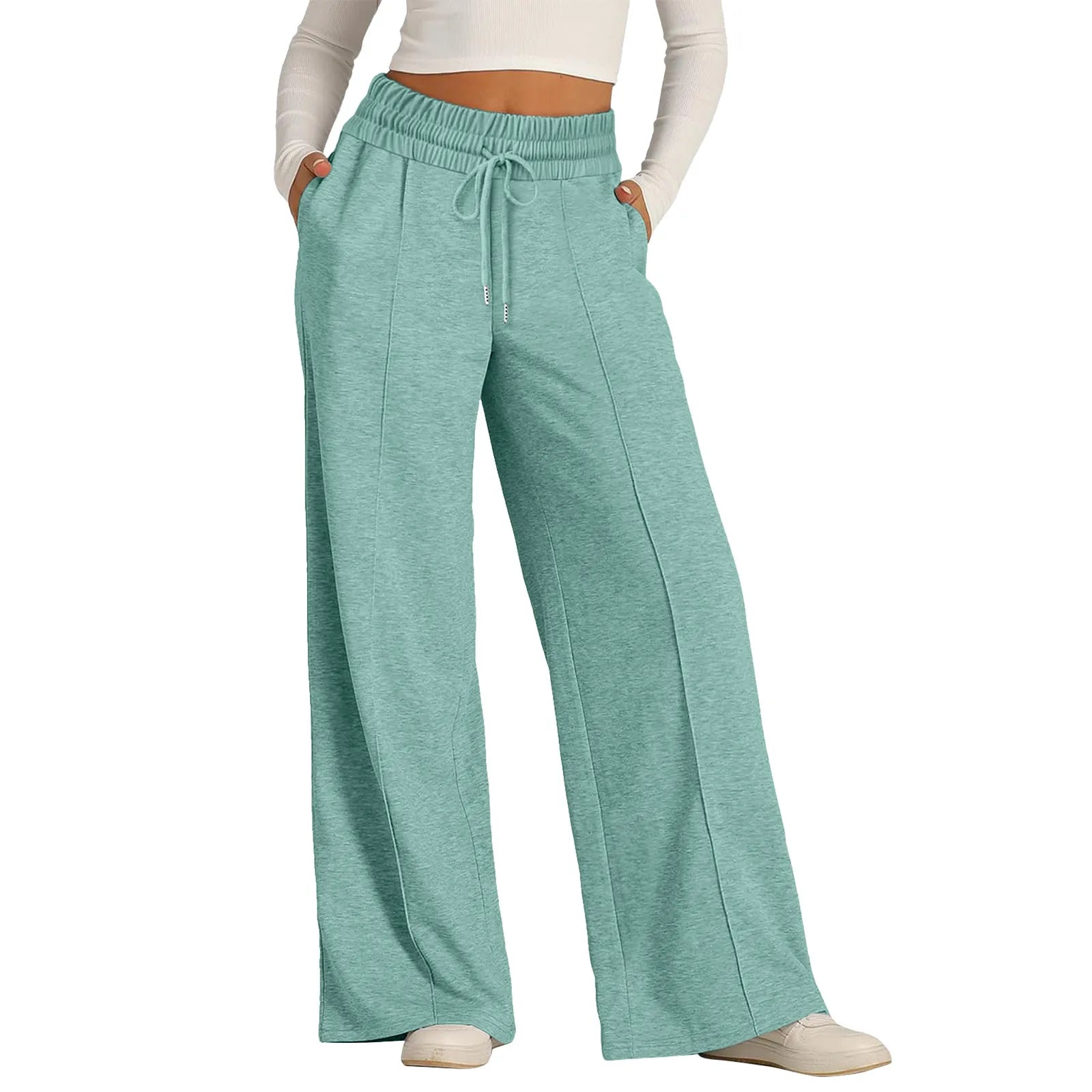 Women Oversized Wide Leg Pants Lightweight Sweatpants Elastic Drawstring Straight Leg Trousers High Waist Baggy Casual Pants Mint Green CN