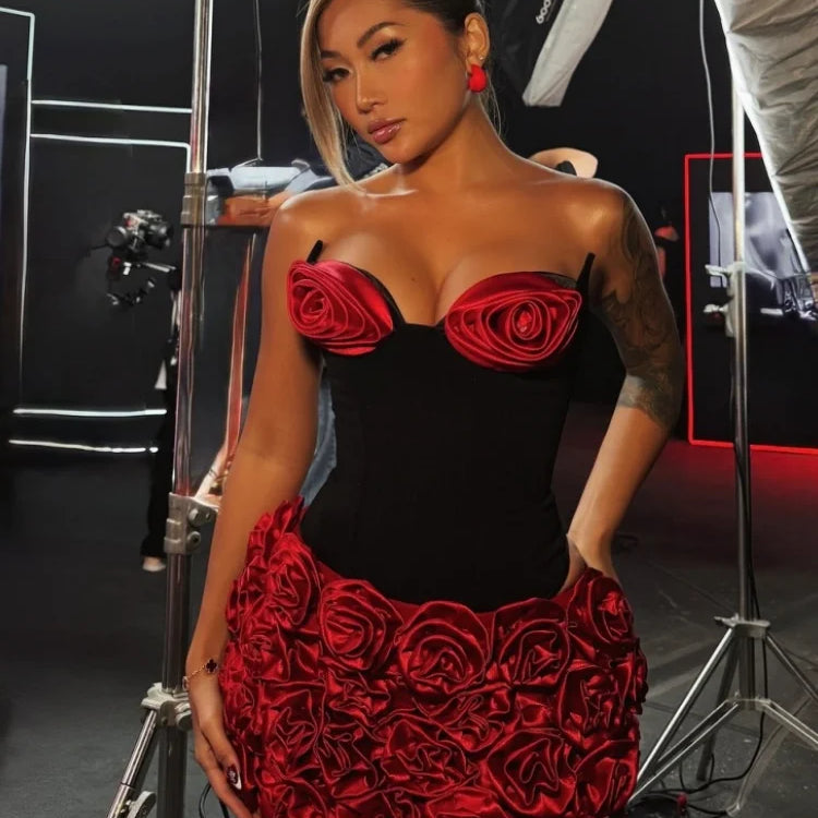 Stereoscopic Red Flower Woman Set Strapless Top And Mini Dress 2 pieces  Fashion Woman Evening Party Dress Birthday Party Outfit