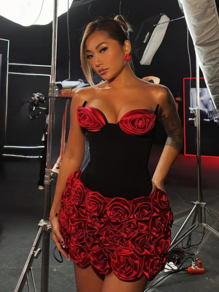 Stereoscopic Red Flower Woman Set Strapless Top And Mini Dress 2 pieces  Fashion Woman Evening Party Dress Birthday Party Outfit