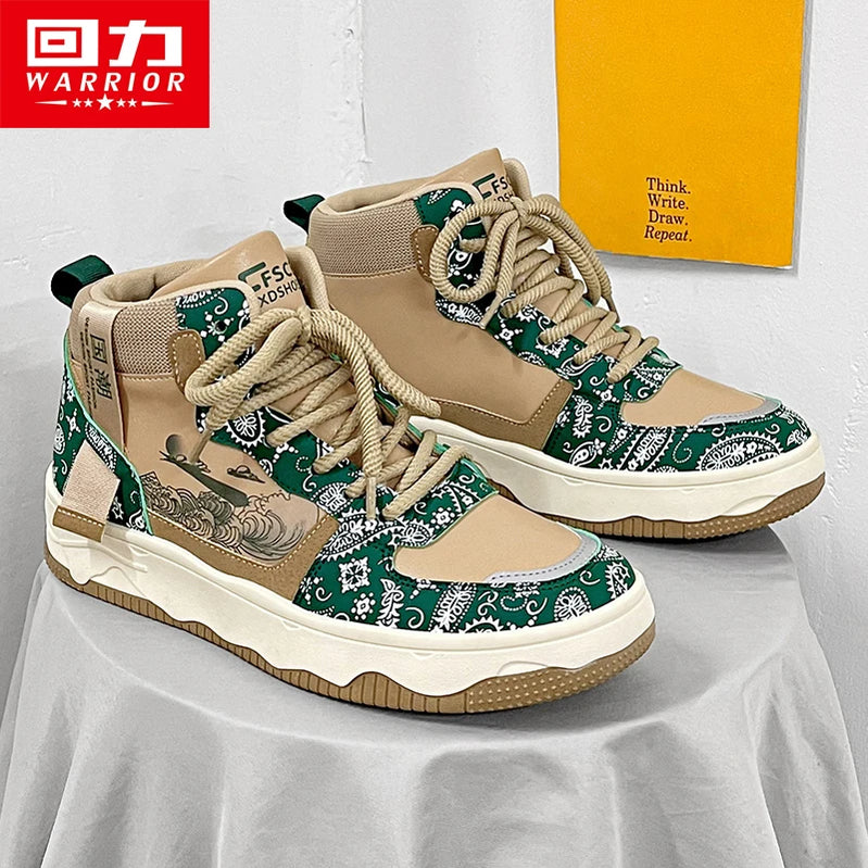 Warrior Men's Sneakers Casual Leather Skateboar Shoes - Fashion High Top Shoes For Men Para Walking Sneaker Green