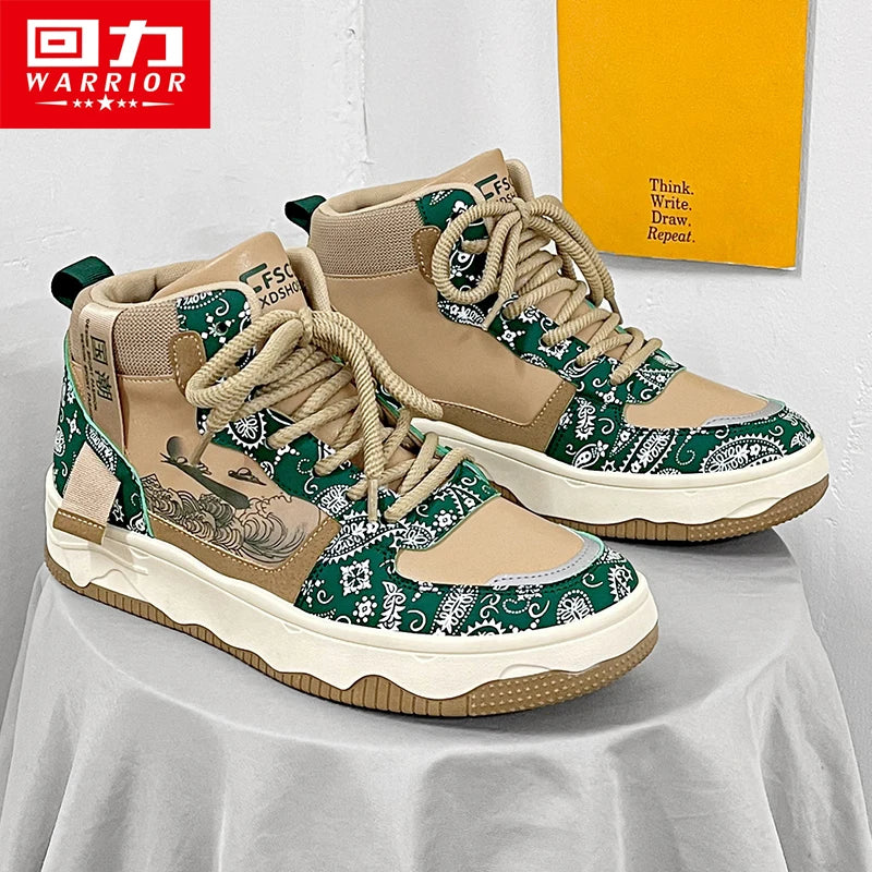 Warrior Men's Sneakers Casual Leather Skateboar Shoes - Fashion High Top Shoes For Men Para Walking Sneaker Green