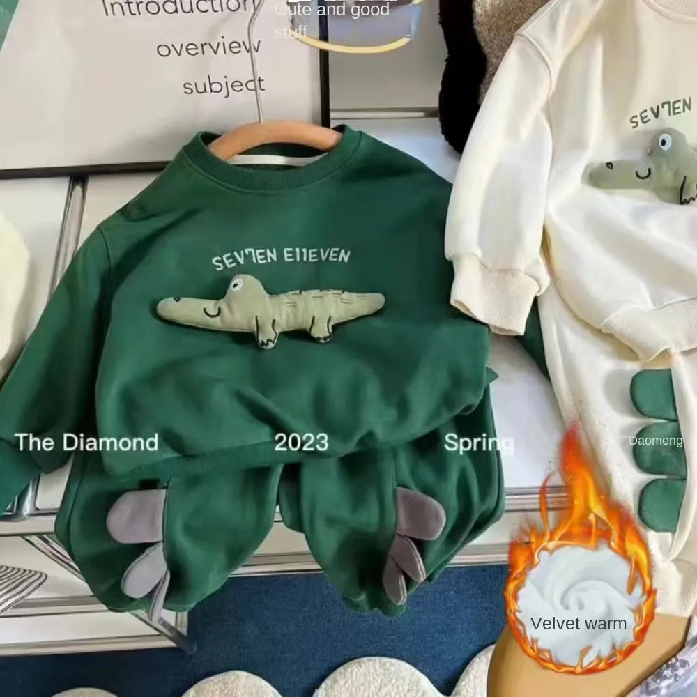 90-130cm Children's Spring Autumn Winter Cotton Set Boys Girls Cartoon Two Piece Set Korean Sweater +Pant Baby Clothes Outfits thick green