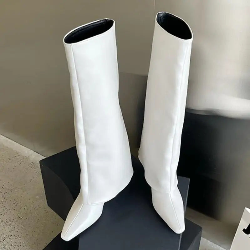 Autumn/Winter Fashion Brand New Knee Length Women's Boots Slender high heeled pointed leg boots Black White Shoes WHITE