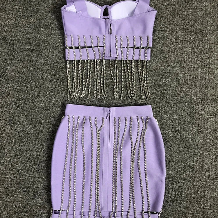 Women Summer Sexy Square Collar Purple Diamonds Sparkly Bodycon Bandage Skirt Set Knitted Elegant Evening Club Party Dress