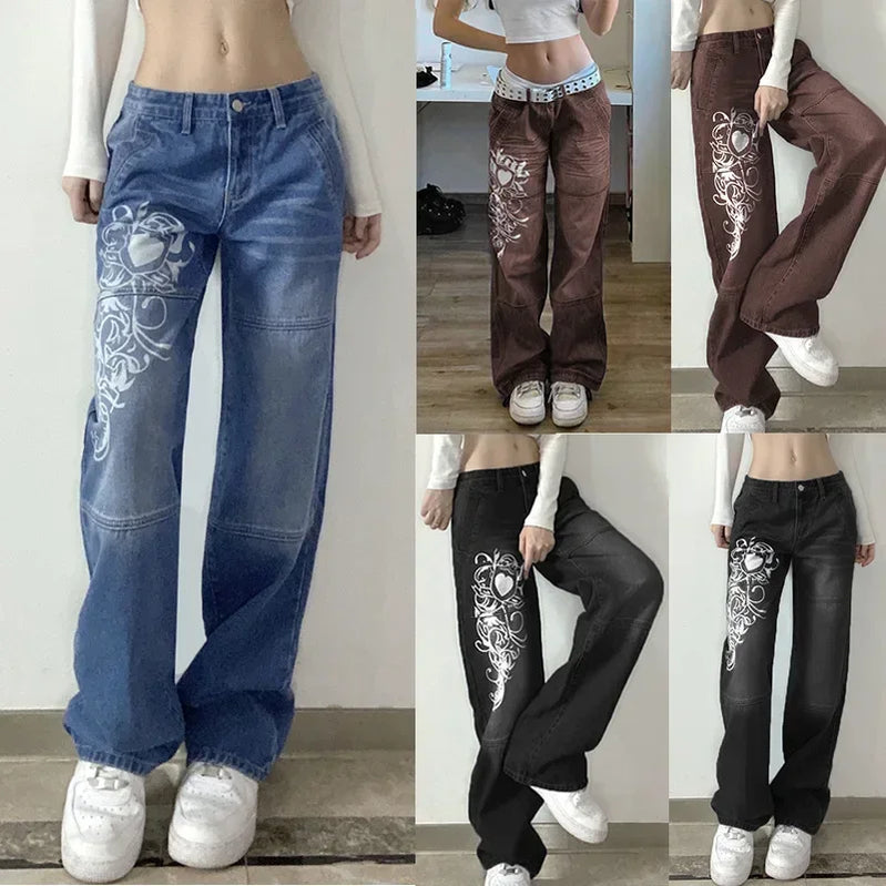 High Waist Streetwear 90S Baggy Jeans Y2K Solid Color Women Pants Straight Wide Leg Jeans Harajuku Printed Cargo Jeans