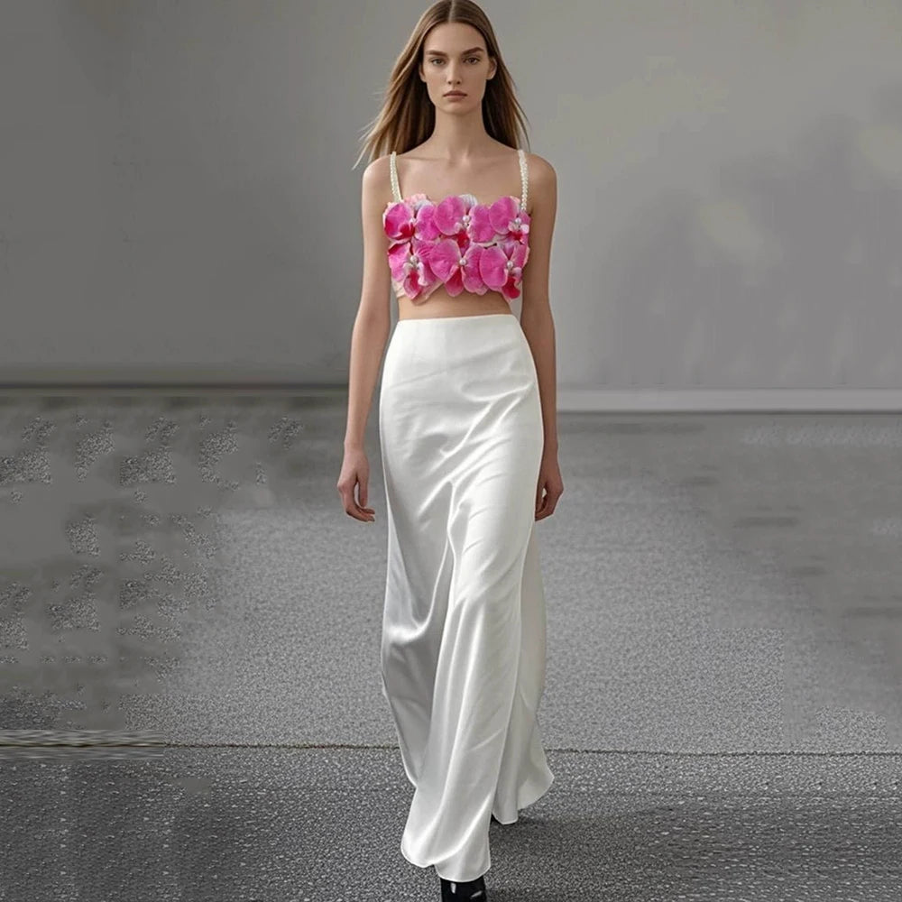 Sexy Pearl Flower Pearl Flower + Long Skirt Set Women Backless Wedding Holiday Party Lady Elegant Outfits 2025 Summer New