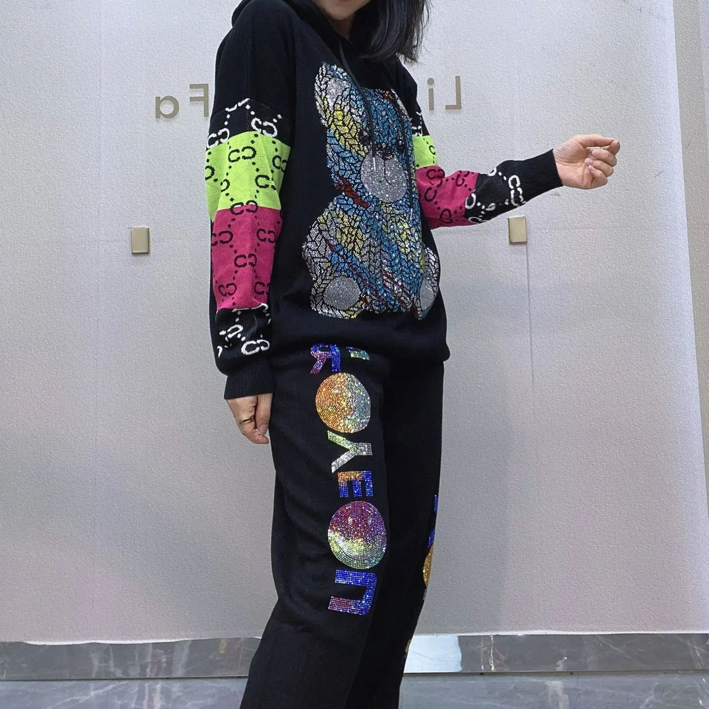 Colorful Bear Diamonds 2 Piece Sets Womens Outfits Letter Print Casual Tracksuit Women Autumn Loose Hooded Sweater Joggers Femme