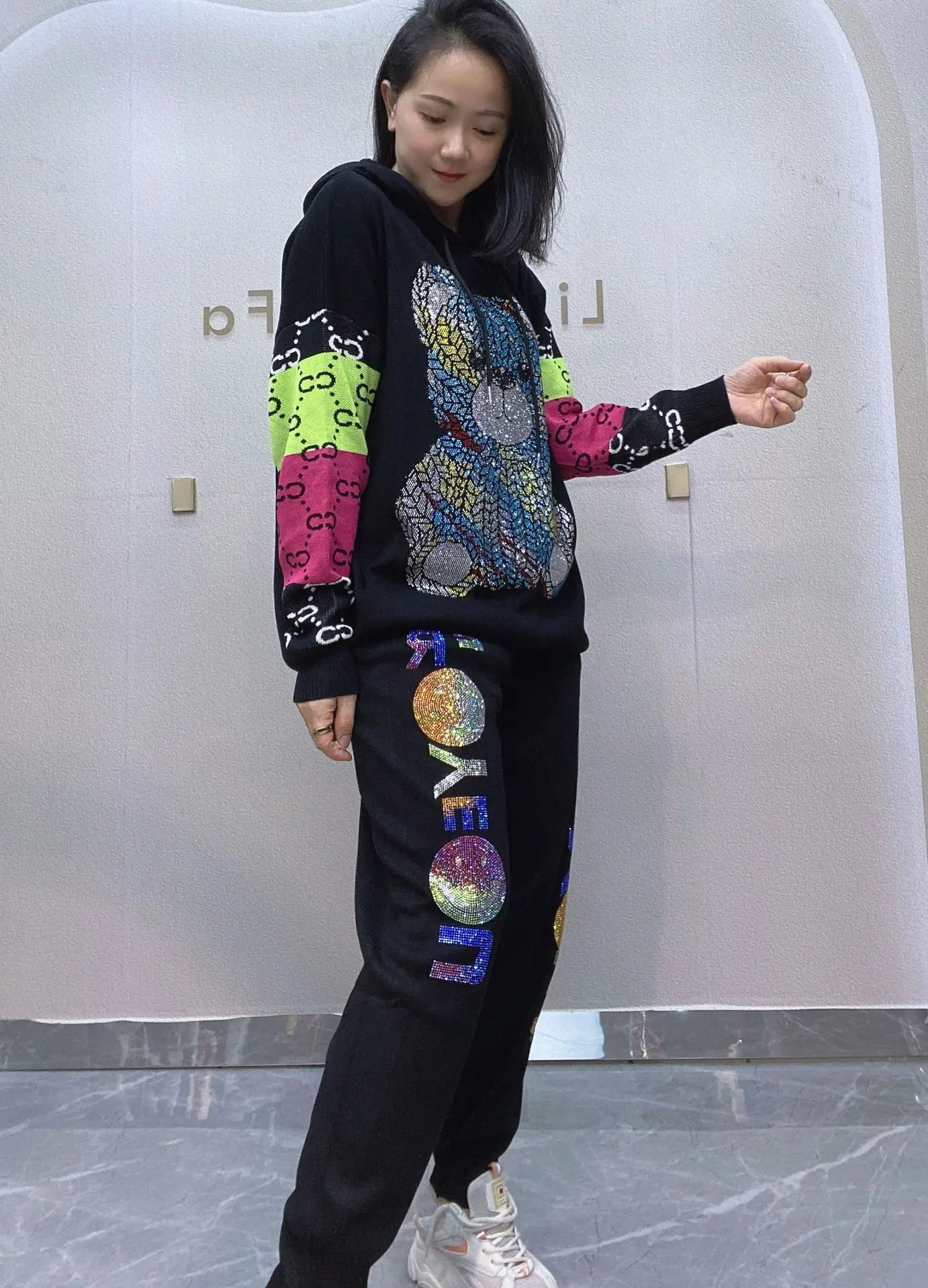 Colorful Bear Diamonds 2 Piece Sets Womens Outfits Letter Print Casual Tracksuit Women Autumn Loose Hooded Sweater Joggers Femme