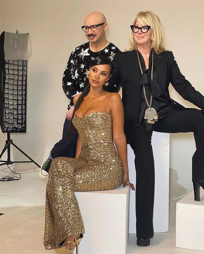 High Quality Gold Shining Sequins Spaghetti Strap Flare Pants Jumpsuit Fashion's Sexy Woman Party Outfit Cocktail Party Vestido