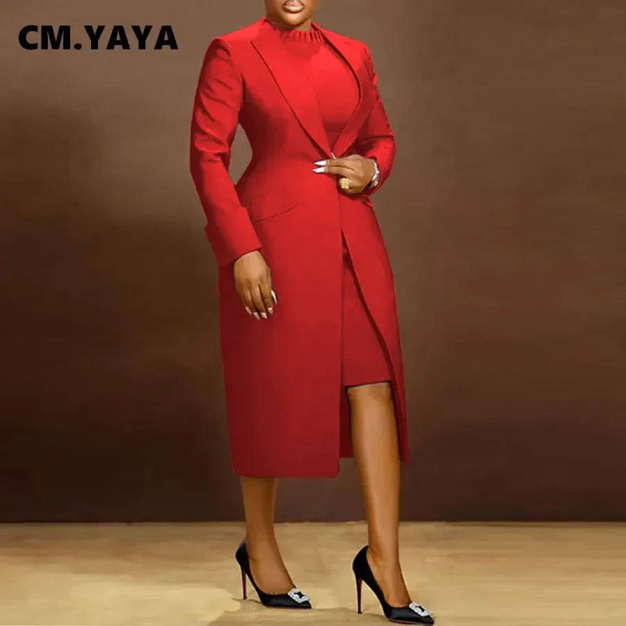 CM.YAYA Women's Set Full Sleeve Long Blazer Coat+ Long Dress Suit 2025 Winter Streetwear Two 2 Piece Set Africa OL Work Outfits
