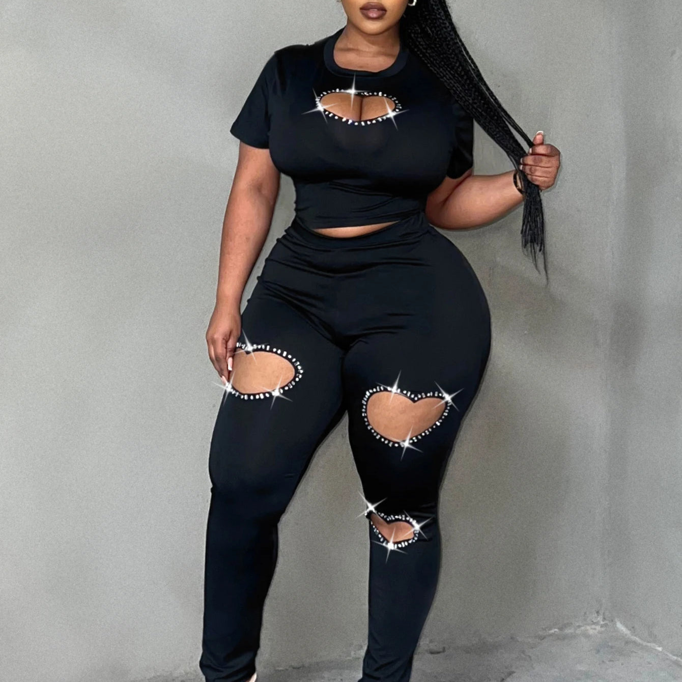 LW Plus Size Two pieces sets short sleeve Rhinestone top + Heart Cut Out Pants Set casual women‘s matching suit Autumn NEW
