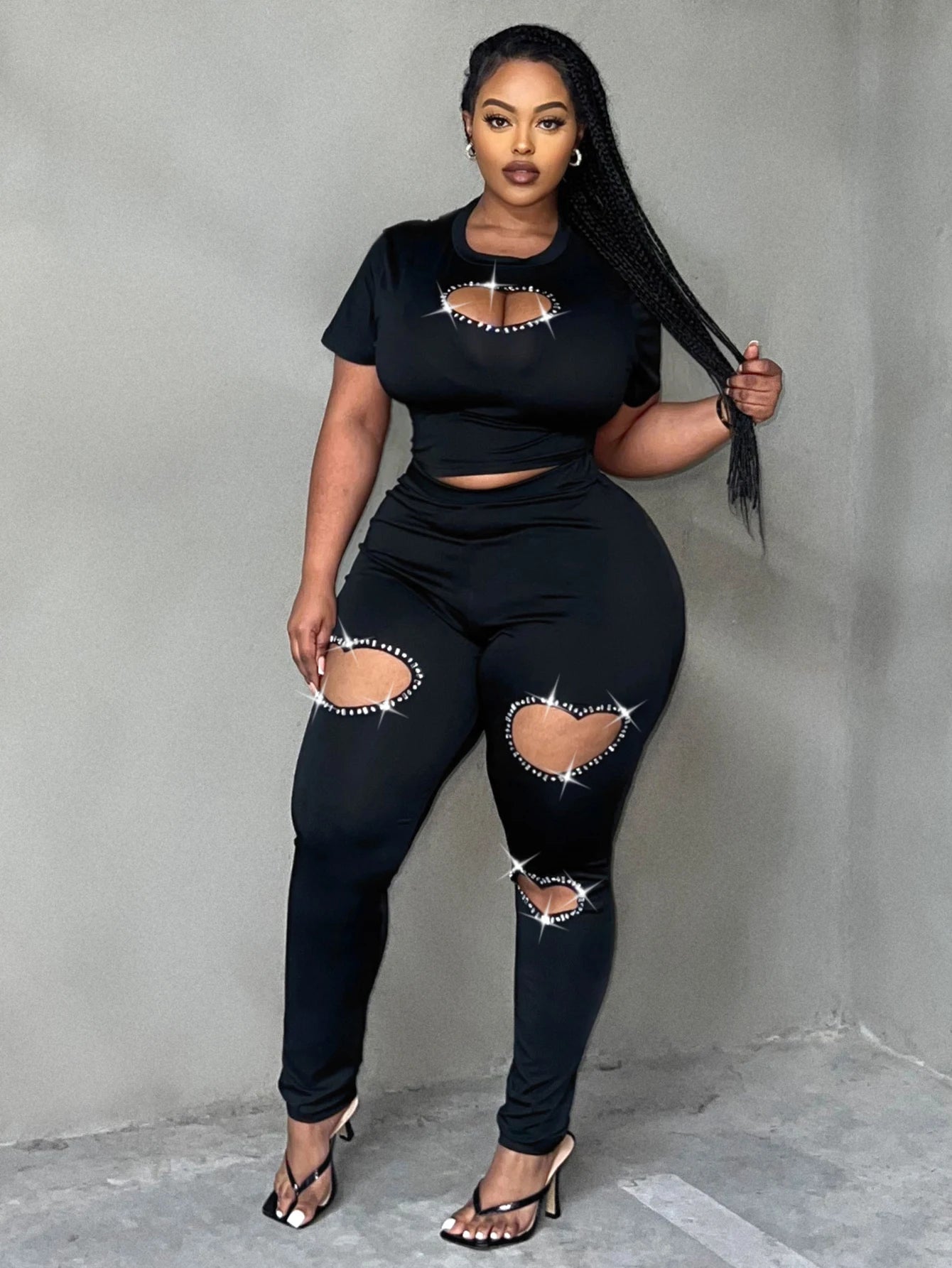 LW Plus Size Two pieces sets short sleeve Rhinestone top + Heart Cut Out Pants Set casual women‘s matching suit Autumn NEW