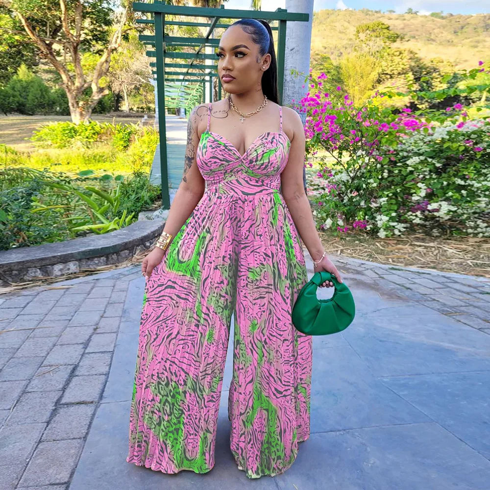 CM.YAYA Women Leopard Spaghetti Strap Loose Wide Leg Sleeveless Jumpsuit 2023 Summer Street Playsuit One Piece Suit Romper